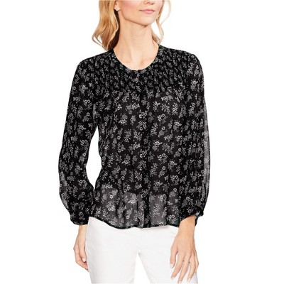 Vince Camuto Womens Smocked Yoke Floral Button Down Blouse