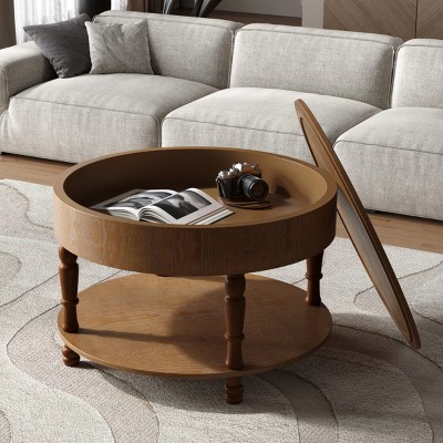 31.5" Round Coffee Table with Flip-Top Hidden Storage,Two-Tier Living Room Center Table with Adjustable Leveling Feet-Baofuwish