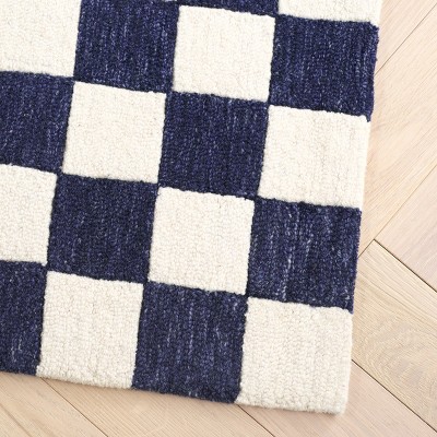Navy and Ivory Checkered Handmade Wool Area Rug, 3' x 5'
