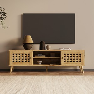 Heynemo 63" Vintage TV Stand with Angled Legs, Wood TV Console with Basket Weave Wooden Door, Media Entertainment Center Table with Storage - 1 of 4