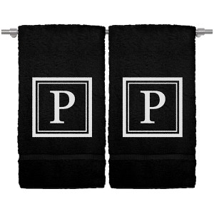 BC BARE COTTON Monogrammed Hand Towel, 100% Turkish Cotton - Set of 2 - Black - White Square - 1 of 4