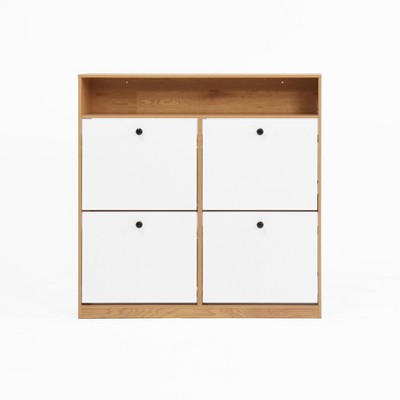 PDTEND Shoe Storage Cabinet With 4 Flip Drawers, Shoe Rack Organizer Cabinet with Wooden Handle and Anti-Tip Fitting - Natural