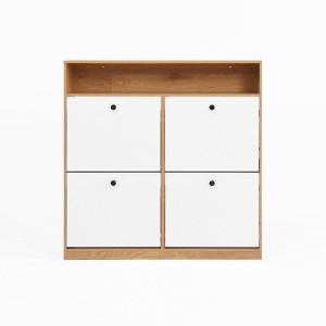 PDTEND Shoe Storage Cabinet With 4 Flip Drawers, Shoe Rack Organizer Cabinet with Wooden Handle and Anti-Tip Fitting - Natural - 1 of 4