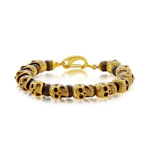 Metallo Stainless Steel Genuine Tiger Eye Beads Skull Bracelet - Gold Plated - Gold - 9 Inch - 1 of 4