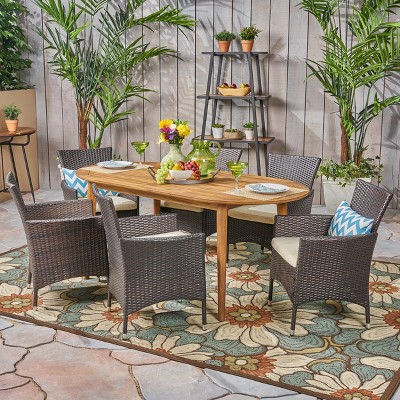 Christopher Knight Home Metairie Outdoor Acacia Wood and Wicker 7 Piece Dining Set with Cushion