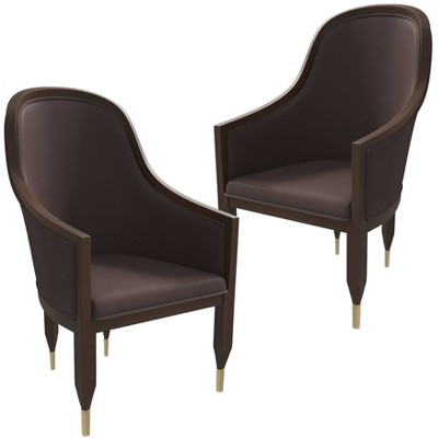 LeisureMod Upholstered Dining Chair in Leather with Gold Metal Caps and Rubberwood Frame Belle Series Set of 2