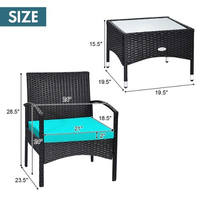 Turquoise 3-Piece Outdoor Wicker Rattan Furniture Set with Cushions