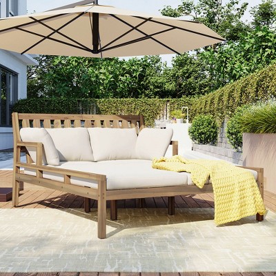Outdoor Daybed, Patio Sunbed, Wooden Chaise Lounger Chair with Cushion & Four Pillows for Poolside, Backyard, Garden - ModernLuxe