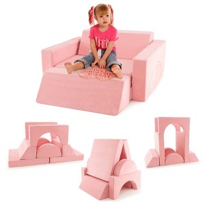 Costway Kids Modular Play Sofa 8 PCS with Detachable Cover for Playroom & Bedroom Indoor Pink/Grey - 1 of 4