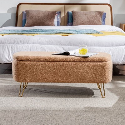 Modern Faux Fur End Of Bed Bench With Gold Legs,Padded Hallway Storage Bench,Storage Ottoman Bench For Living Room Bedroom-Cuddlewood