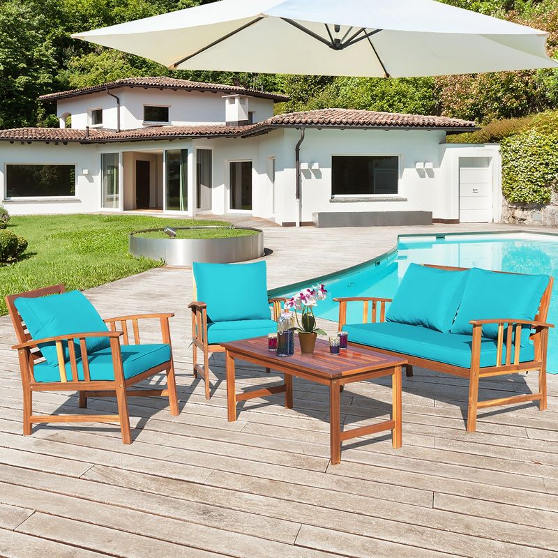 Costway 8PCS Wooden Patio Furniture Set Table Sofa Chair Cushioned Garden Turquoise, 4 of 11