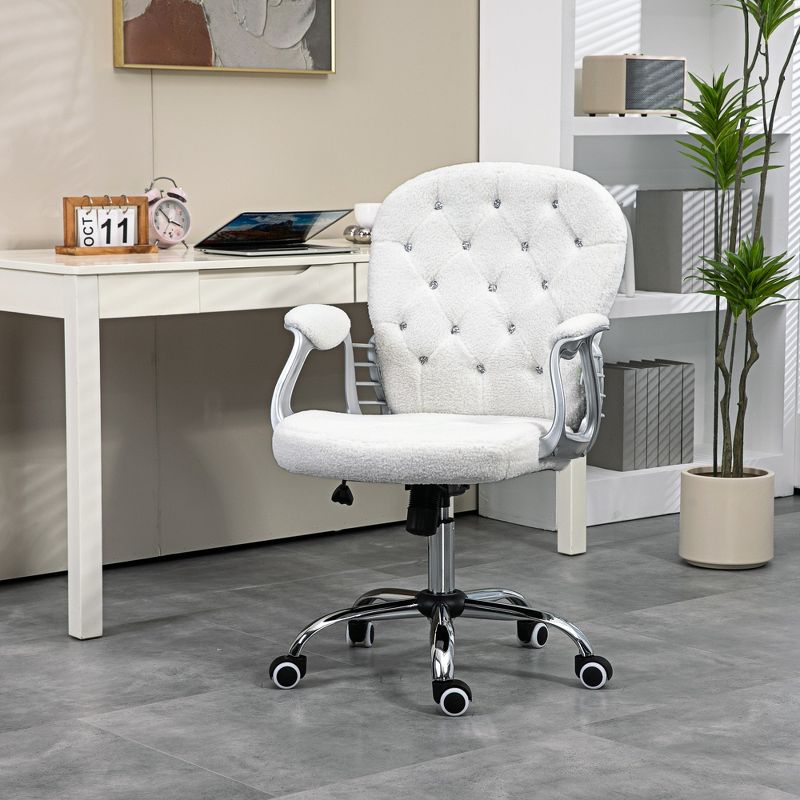 Vinsetto Vanity Teddy Fleece Mid Back Office Chair Swivel Tufted Backrest Task Chair with Padded Armrests, Adjustable Height, Rolling Wheels, White, 2 of 7