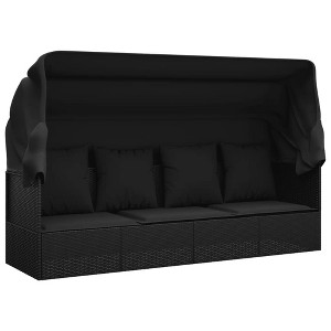 vidaXL Black Patio Lounge Bed with Roof and Cushions - Poly Rattan Outdoor Sun Bed - Adjustable Recliner with Extra Foam Cushions - 1 of 4