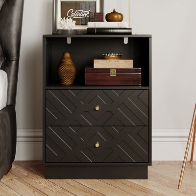 FUFU&GAGA Black Wooden - Textured Nightstand with Geometric Drawer Fronts