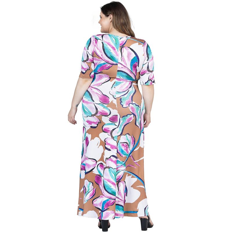 24seven Comfort Apparel Plus Size Pink Floral Elbow Sleeve Casual A Line Maxi Dress, 3 of 7