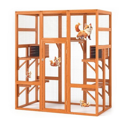 COZIWOW Large Catio Outdoor Cat Enclosure, 70" Spacious Cat House with Perches and Condos with Waterproof Roof, 7 Platforms, and 2 Resting Box, Orange