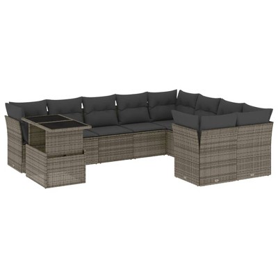 vidaXL 10 Piece Patio Sofa Set with Cushions Gray Poly Rattan - With Table