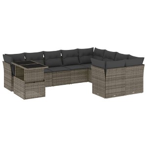 vidaXL 10 Piece Patio Sofa Set with Cushions Gray Poly Rattan - With Table - 1 of 4