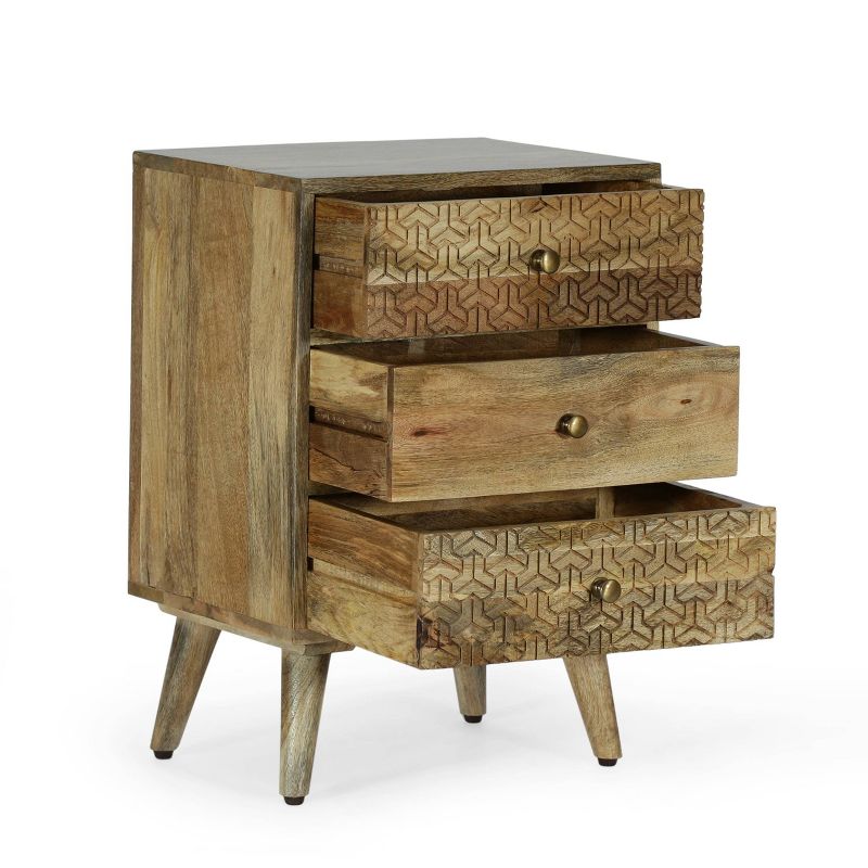 Lytle Boho Handcrafted Mango Wood 3 Drawer Nightstand Natural - Christopher Knight Home, 4 of 12