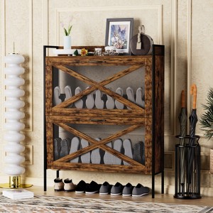SKRAN A shoe cabinet with 2 flip-top drawers, an entryway shoe cabinet, a narrow standalone shoe rack cabinet with metal legs, Rustic Brown - 1 of 4