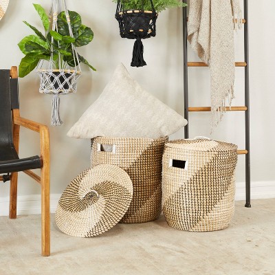 Set of 3 Seagrass Storage Baskets Brown/White - Olivia & May