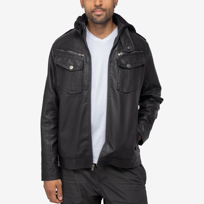 X RAY Men's Grainy PU Hooded Jacket With Faux Shearing Lining, 3 of 9