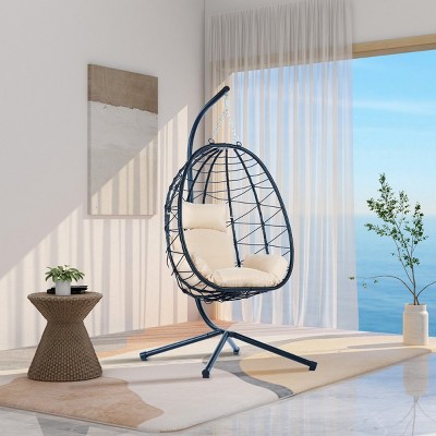 Outdoor Modern PE Rattan Woven Swing Chair,Fabric Upholstered Hanging Basket Chair,Hammock Chair With Stand And Metal Frame-Coolbibila