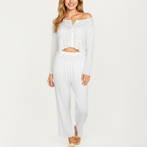 Anna-Kaci Lounge Women's 2-Piece Set Button Front Top with Built-In Chest Pads and Relaxed Fit Pants Pajama Set in Soft Knit Fabric - 1 of 4