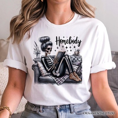 Homebody Reading Skeleton T-Shirt, Funny Lazy Selfcare Tee for Introvert Women White S