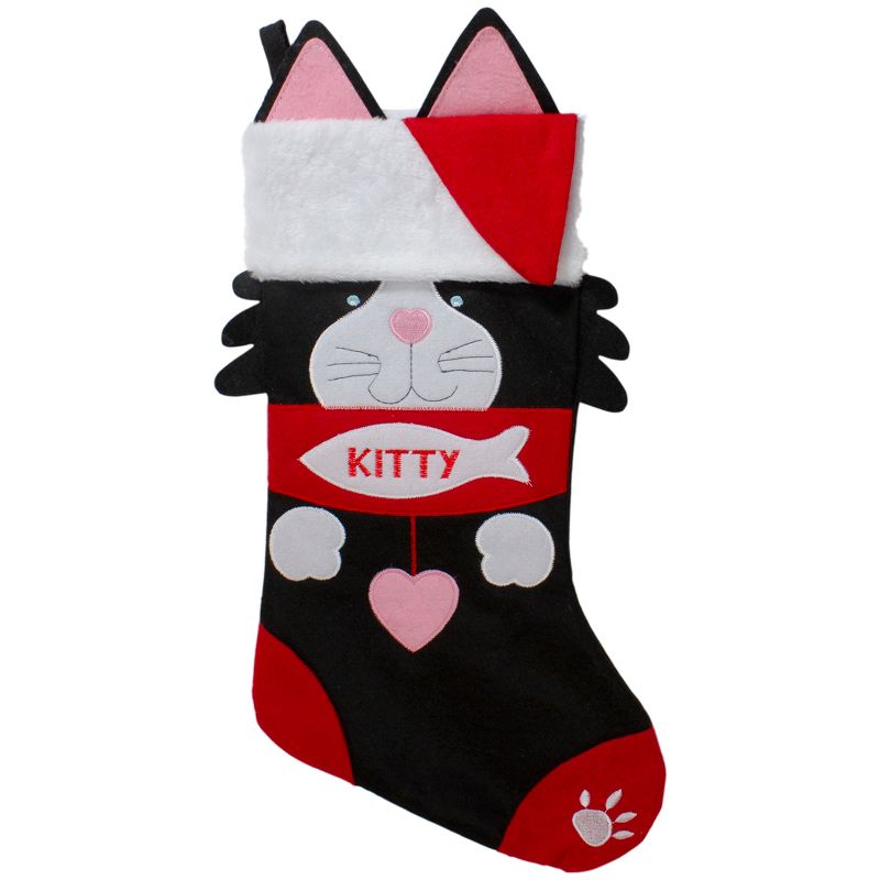 Northlight 19.5" Black and Red Embroidered Kitty Cat Christmas Stocking, 1 of 5