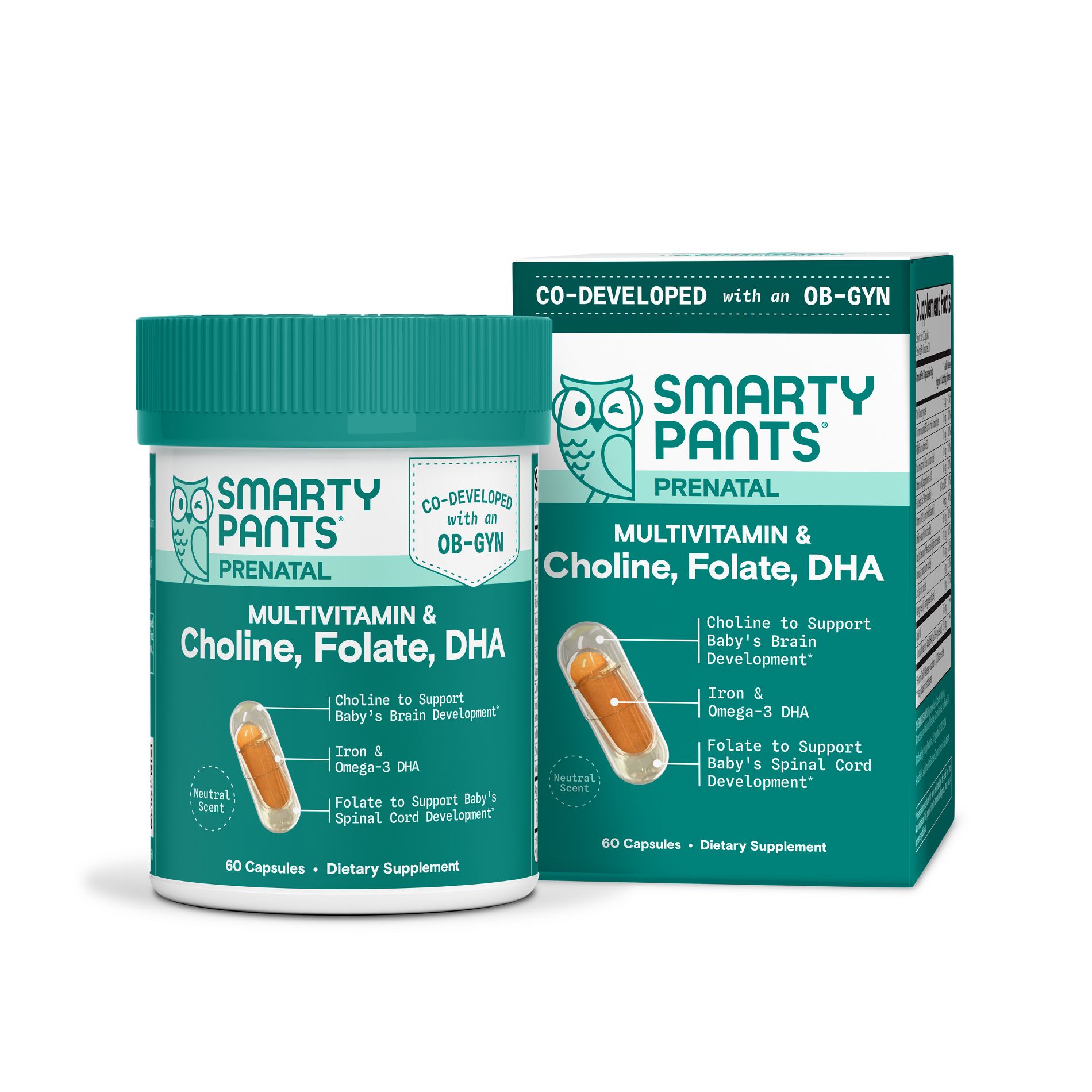 SmartyPants Prenatal Multivitamin Capsules, OBGYN CoDeveloped with Choline, Folate, Omega3 DHA & Iron for Baby's Development - 60ct