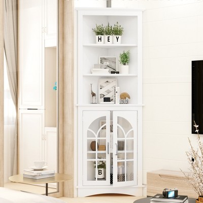 KTMBDW Tall Bookshelf, 63.3 Inch Bookshelf with 2 Doors & Adjustable Shelves, 5 Tier Display Storage Bookcases for Office, Living Room Bedroom, White