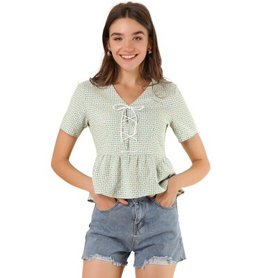 INSPIRE CHIC Women's V-neck Lace Up Ruffled Peplum Floral Plaid Blouses