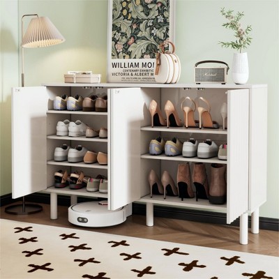 TIRAMISUBEST Shoe Cabinet Shoe Rack with 5 Solid Wood Legs, Sideboard Buffet Cabinet with Fluted Doors,4-Door Storage Cabinet with Adjustable Shelves