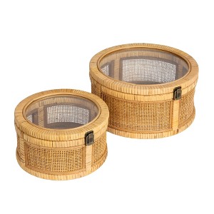 Storied Home Rattan and Bamboo Nestable Round Storage with Glass Lids, Natural, Set of 2 - 1 of 4