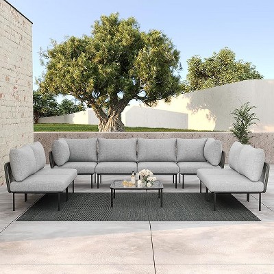 LayinSun 9 Pieces Rope Woven Patio Furniture Set, Modern Modular Sectional Sofa with Coffee Table and Upgrade Thickness Cushion