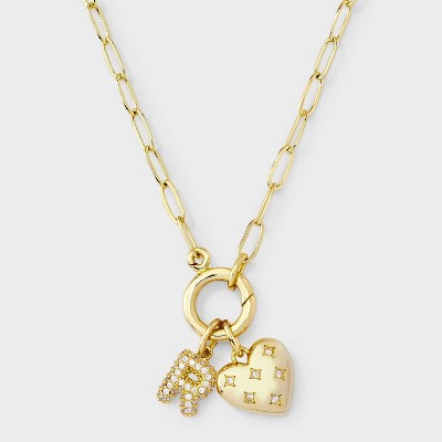 14K Gold Dipped Cubic Zirconia Puffy Heart Charm Initial Necklace - A New Day™ Gold