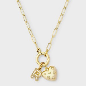 14K Gold Dipped Cubic Zirconia Puffy Heart Charm Initial Necklace - A New Day™ Gold - 1 of 4