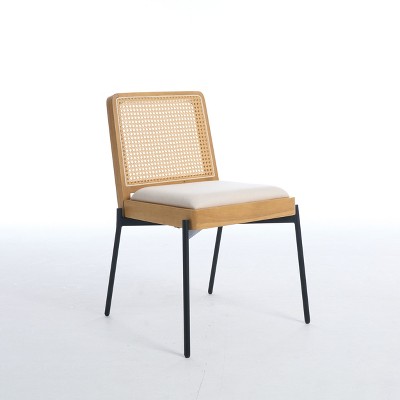 Lirago 21" Beige Mid Century Accent Dining Chairs Linen Fabric Rattan Backrest Metal Legs(Set of 2)