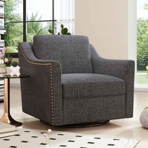 CAVINAS Cotton Linen Swivel Accent Chair with Brass Nail Decorative Arm,Upholstered Swivel Living Room Chair,Reading Chairs for Living Room,Black+Gray - 1 of 4