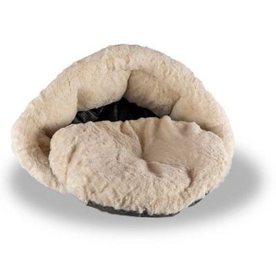 Gray and Beige Round Plush Velvet Cat Bed