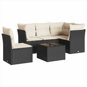 vidaXL 6 Piece Patio Sofa Set with Cushions Black and Cream Poly Rattan - With Table - 1 of 4