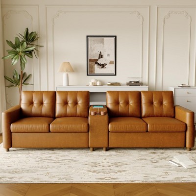 GustoWave Upholstered Sectional Sofa with Console, 2 Cup Holders and Ports, Modern Pu, Velvet Fabric 4-Seat Couch