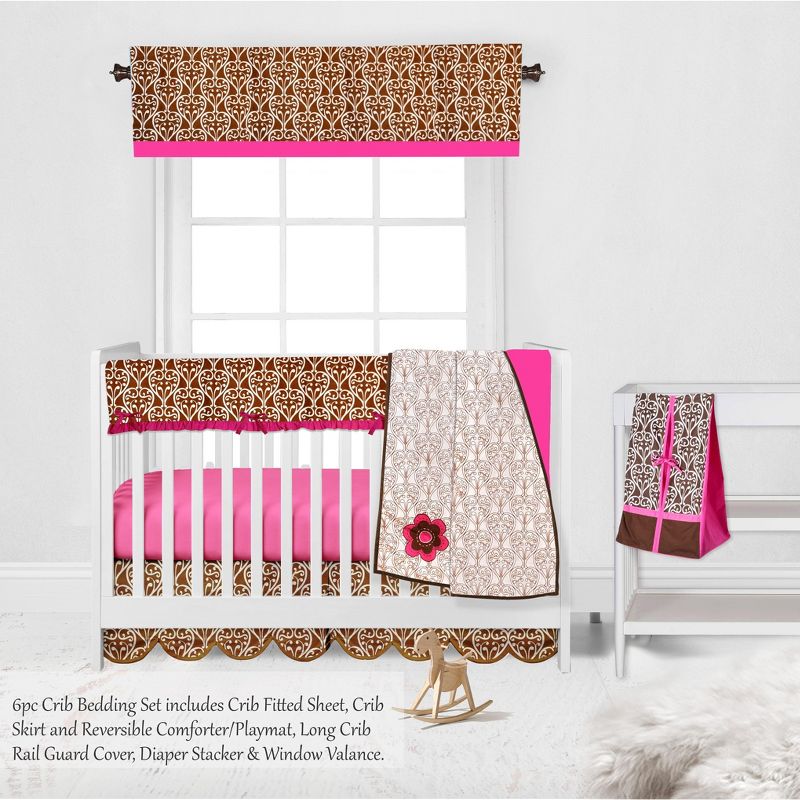 Bacati - Damask Pink Fuschia Chocolate 6 pc Crib Bedding Set with Long Rail Guard Cover, 4 of 12