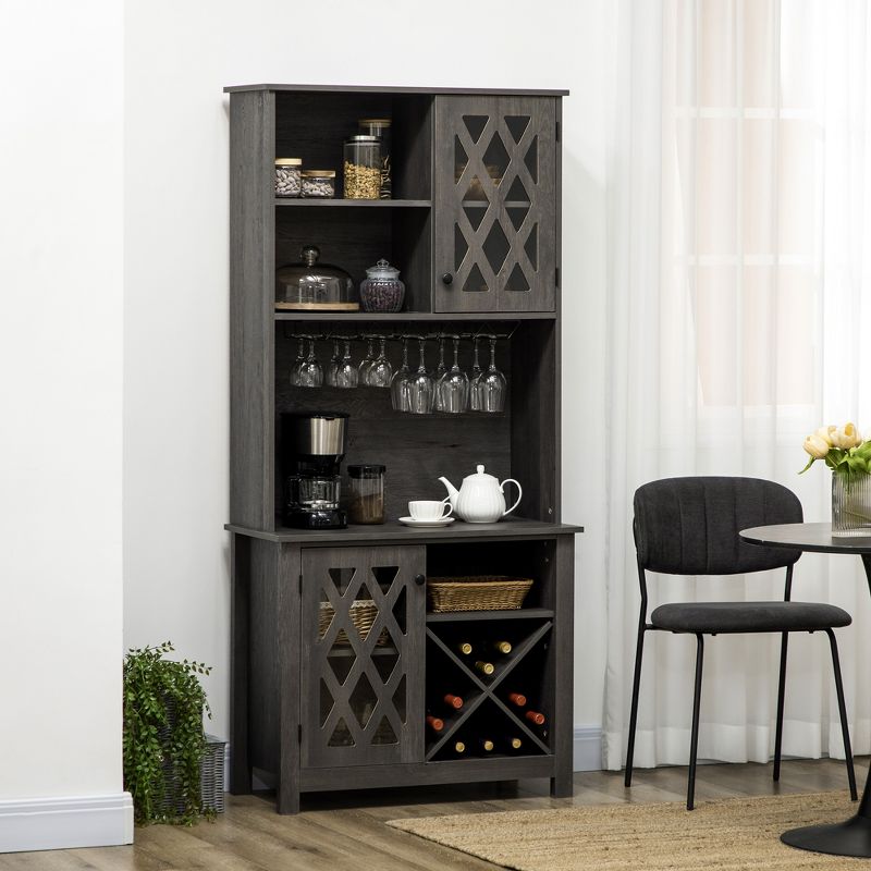 HOMCOM 72" Kitchen Pantry, Buffet with Hutch, Cupboard for Microwave, with 2 Door Cabinet, Wine Glasses Rack and 12-Bottle Wine Rack, Dark Grey, 2 of 7
