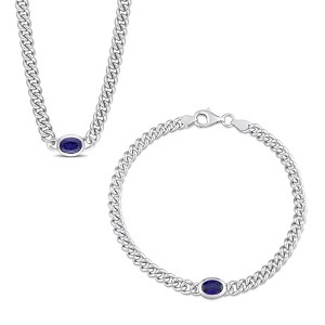 EVERLY JEWELRY | Sterling Silver 2 1/2ct TGW Created Blue Sapphire Curb Link Necklace and Bracelet 2-Piece Set - 1 of 4