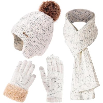 ZUPPAD Winter Hat Scarf Gloves Set for Women, Classic Cable Beanie with Removable Pom Pom Long Scarf Touchscreen Gloves 3 in 1 Set