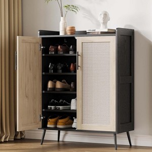 6-Tier Rattan Shoe Cabinet with 2 Doors, Adjustable Shelves, Wooden Shoe Rack for Entryway, Hallway, Living Room - 1 of 4