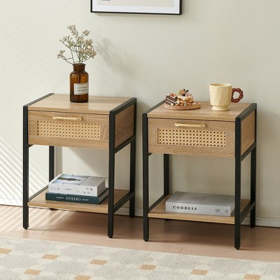 15.74-Inch Rattan End Table Nightstand Set Retro Boho Night Stand Bedside Table With Storage Shelf Smooth Rails Drawer