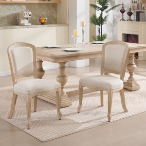 Set of 2 French Country Dining Chairs with Carved Wood Legs and Fan/Round Back in Linen for Kitchen or Dining Room-Cuddlewood - 1 of 4